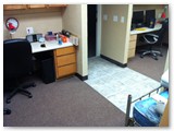 The tiled entry and carpeting in the L&D control room.  Larry's and David's workstations are nearing completion as well.